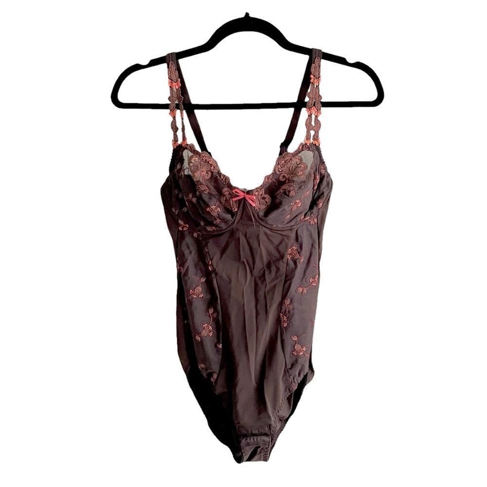 Embroidered Lace Lingerie Bodysuit Brown Coral Pink XS/S